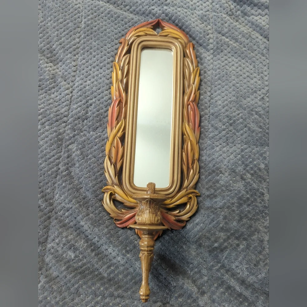 Vintage 1980 BURWOOD 2416 Homco Brown LEAF Mirror WALL SCONCE Candle Holder 23¾